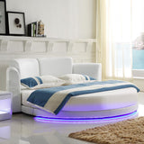 LEDライト付きホワイトラウンドプラットフォームベッドフェイクレザー布張りベッド