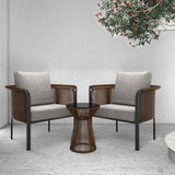 Juego de sofás para exteriores de ratán de café moderno de 3 piezas con mesa de centro de vidrio y cojín gris