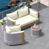 Sofa extérieur 3 pcs avec table basse ronde et chaise de corde tissée en naturel et gris
