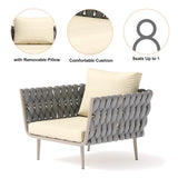 4 pièces de canapé sectionnel extérieur avec des sièges en sangle et des coussins en beige et gris