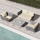 Juego de sofá seccional para exteriores de 4 piezas con asientos de cincha y cojines en beige y gris