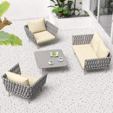 Juego de sofá seccional para exteriores de 4 piezas con asientos de cincha y cojines en beige y gris