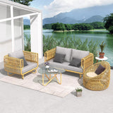 4 Pieces Rattan Outdoor Sofa Set with Glass Top Coffee Table and Cushions in Yellow