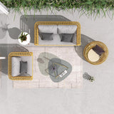 4-teiliges Rattan-Sofa-Set für den Außenbereich mit Couchtisch mit Glasplatte und Kissen in Gelb