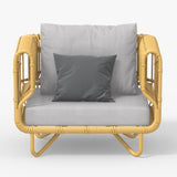 4 قطع روطان أريكة في الهواء الطلق مجموعة مع طاولة القهوة العليا الزجاجية والوسائد باللون الأصفر