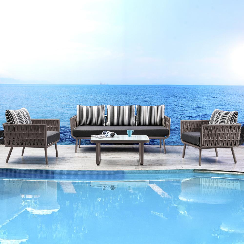 4 Pieces Rope Woven Outdoor Conversation Set with Aluminum Frame and Glass-top Table