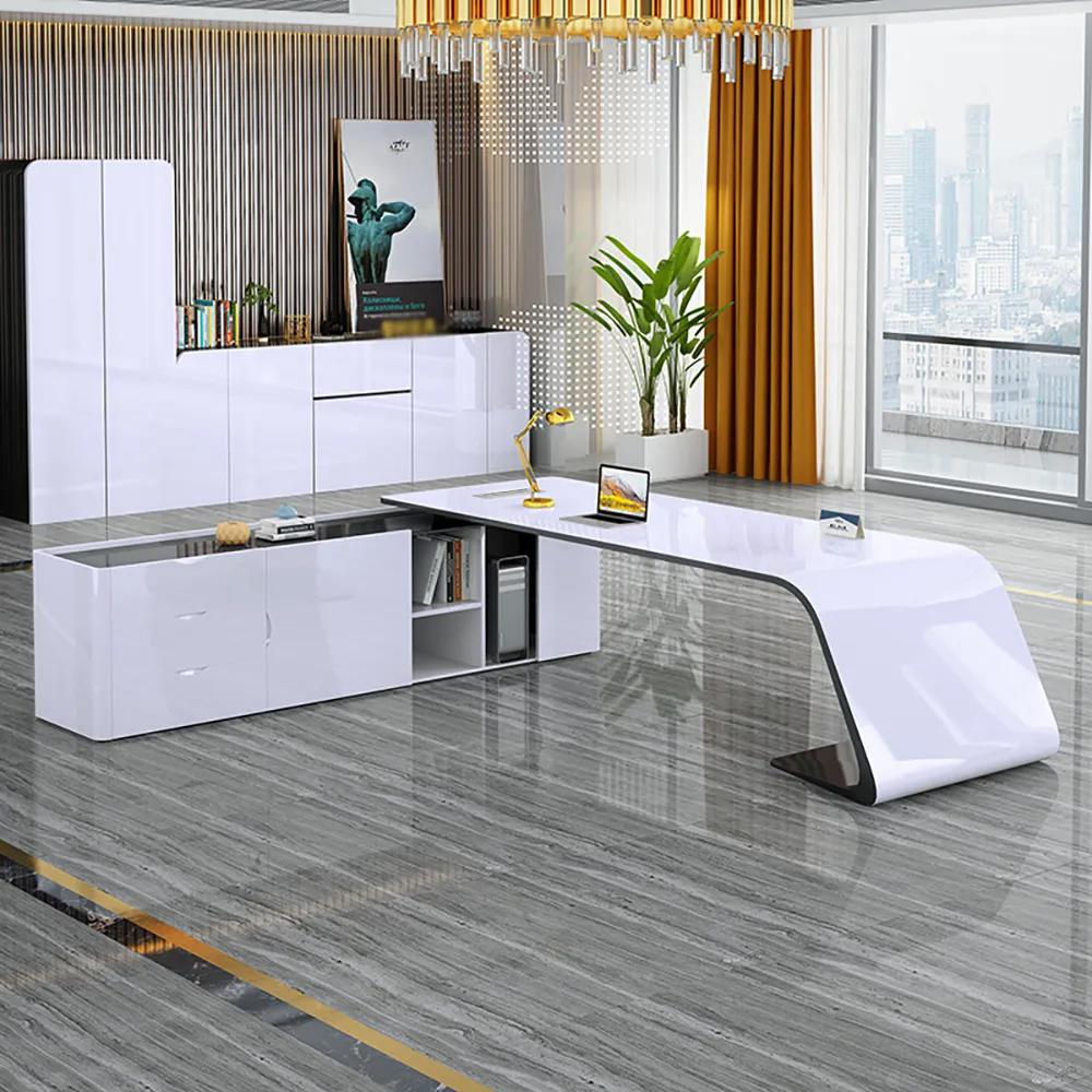 L-Shaped Right Hand Modern White Office Desk with Storage - Right Hand /  White & Black / 86.6L x 70.9W x 29.9H