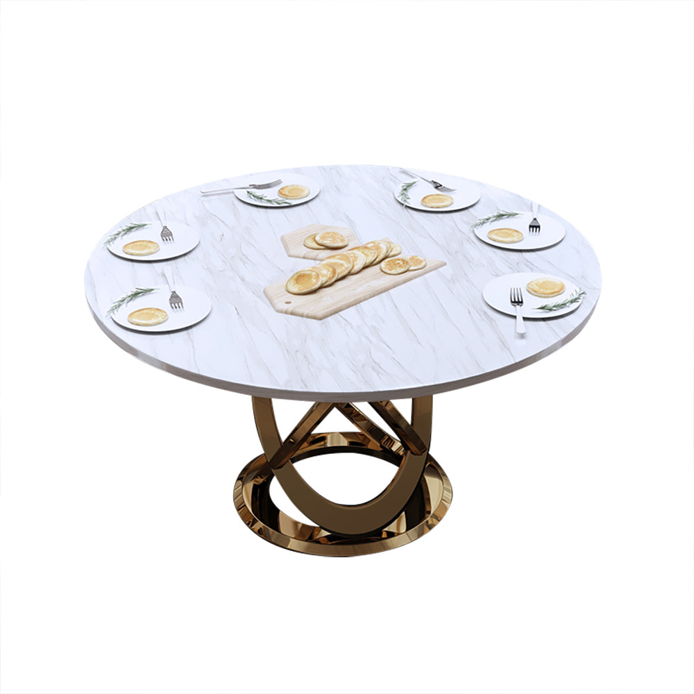 59" Modern White & Gold Round Marble Dining Table with Stainless Steel Pedestal