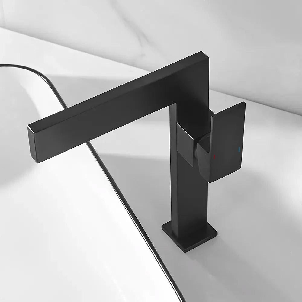 Matte Black Ultra-Thin Single Handle Waterfall Bathroom Sink Faucet Solid Brass 1-Hole