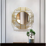 Luxuriöser, stilvoller 3D-geometrischer Wandspiegel aus goldfarbenem Metall, der Wohnkultur überlappt