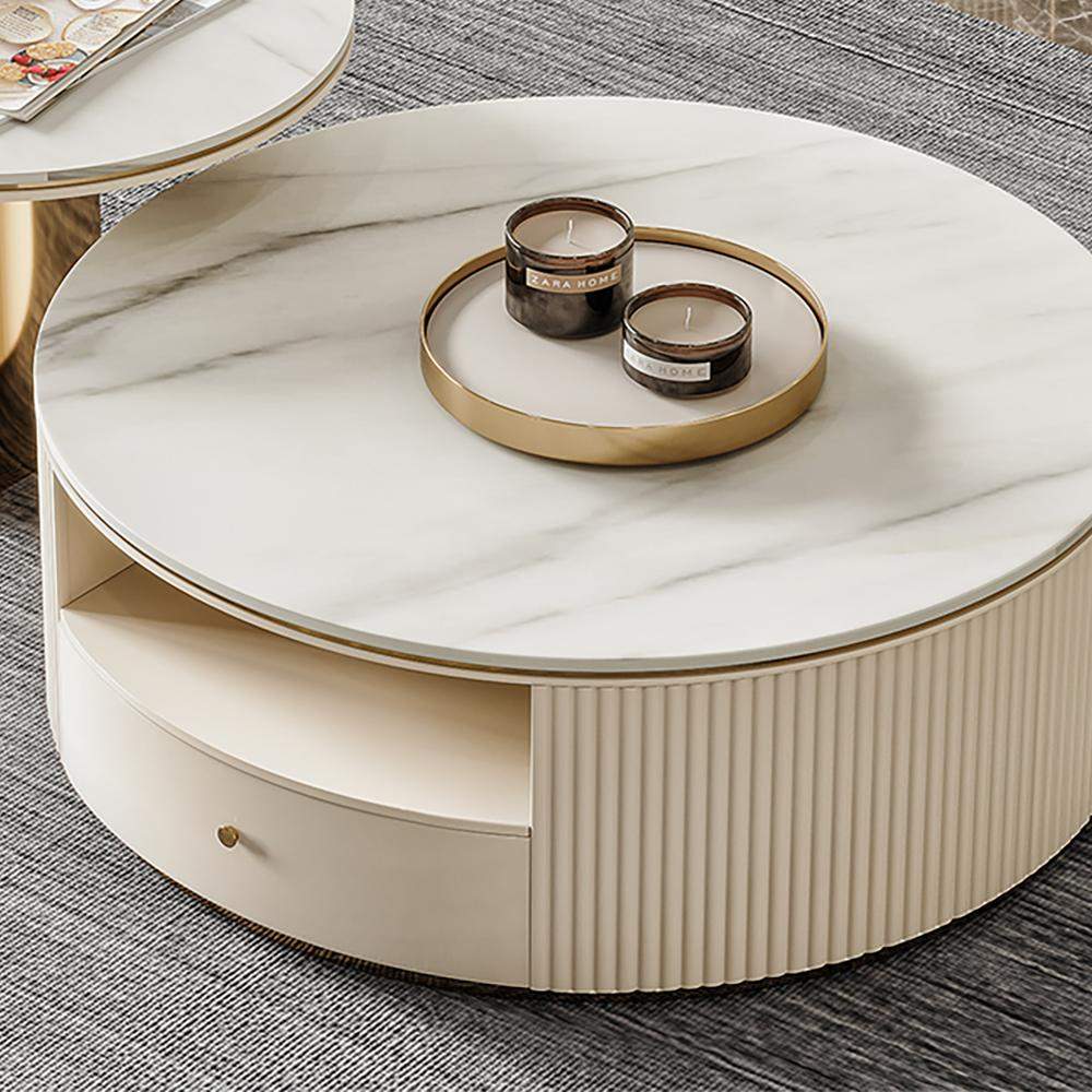 Modern Chic Round Nesting Coffee Table with Storage White Stone Coffee Table Set of 2-Richsoul-Coffee Tables,Furniture,Living Room Furniture