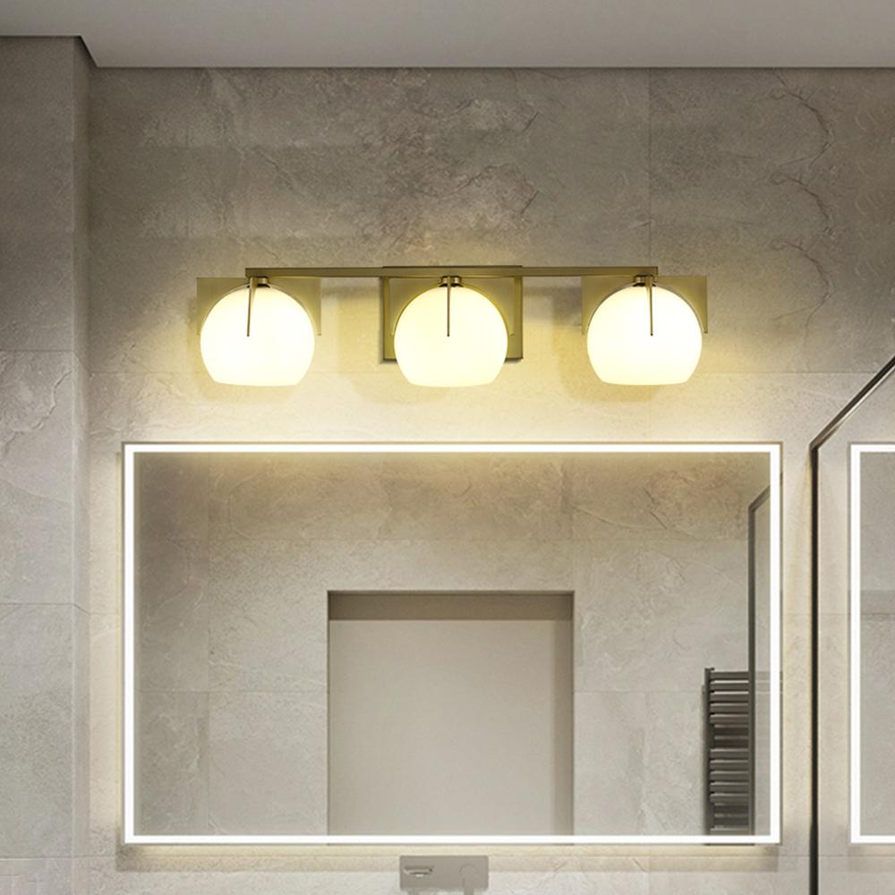 Lámpara de pared para baño con forma de globo blanco de 3 luces, aplique de  pared de tocador de metal en dorado-Wehomz – WEHOMZ