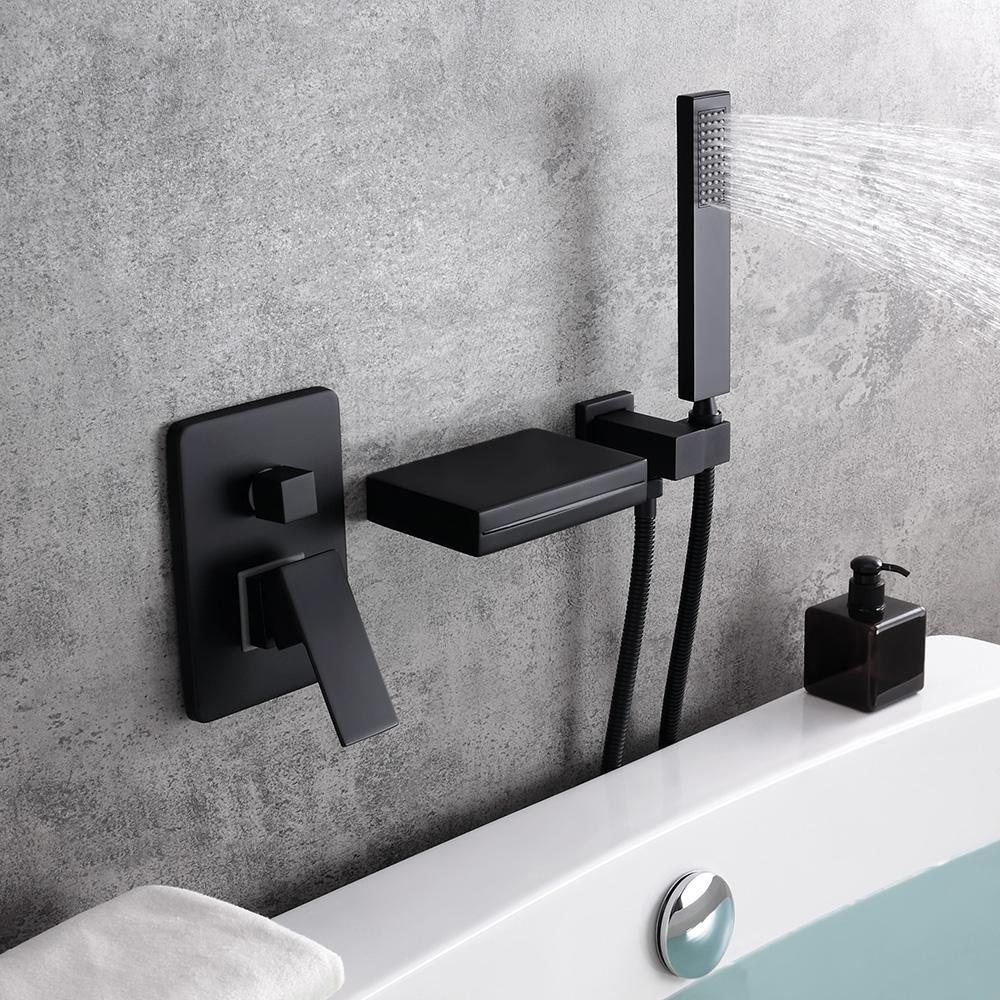 Contemporary Wall-Mount LED Waterfall Matte Black Bathtub Filler Faucet with Hand Shower