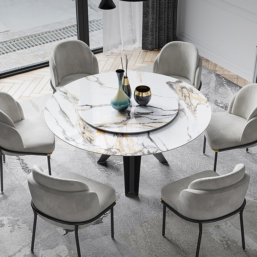 59" White & Black Stone Top Round Dining Table with Lazy Susan