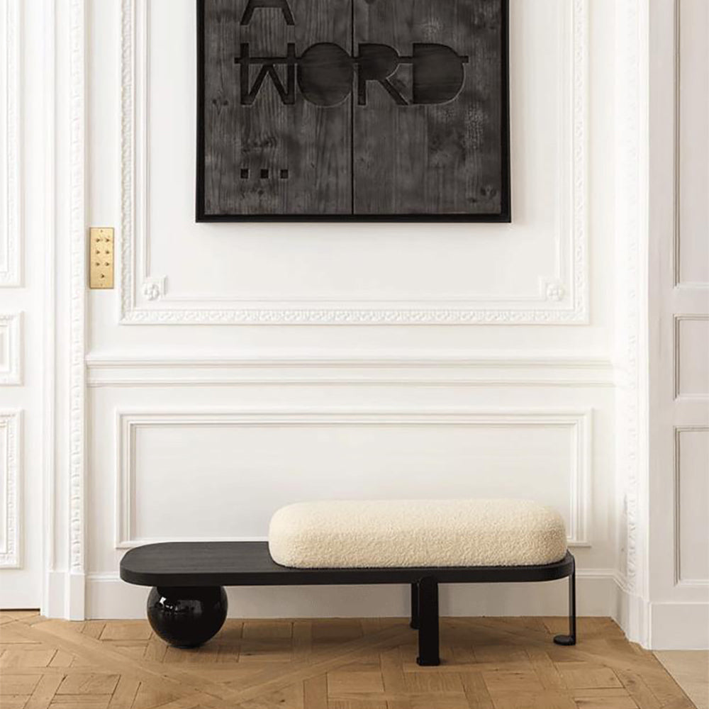White & Black Wooden Entryway Bench Boucle Upholstered with Abstract Metal Legs