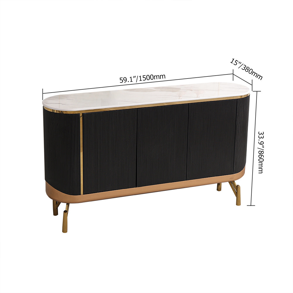 Minimalist Black Buffet Oval Faux Marble Top Sideboard 5 Doors & Shelves