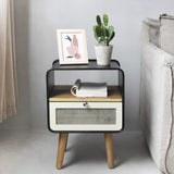Rustic Small Nightstand in Black Square Bedside Table with Drawer & Shelf  & Wooden Legs
