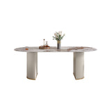 78.7" Modern Oval Marble Dining Table Stainless Steel Double Pedestals