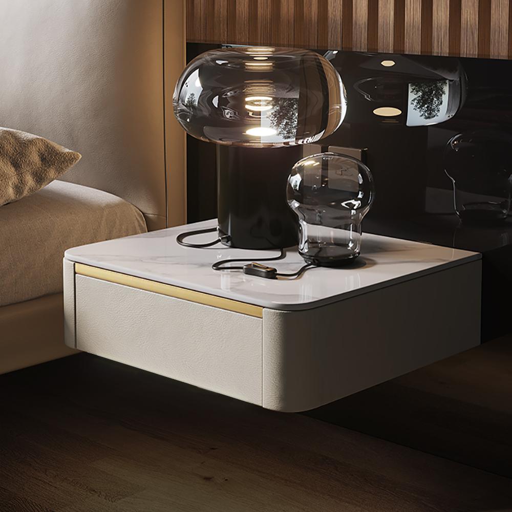 Modern White Floating Nightstand 1 Drawer Bedside Table with Sintered02Stone Top