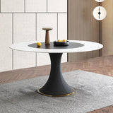 53.1" White & Black Round Dining Table with Lazy Susan & Stone Top