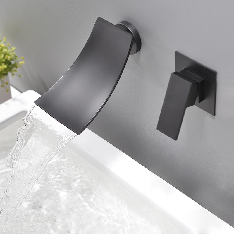 Modern Design Single Handle Wall Mounted Waterfall Bathroom Sink Faucet in Matte Black Finish