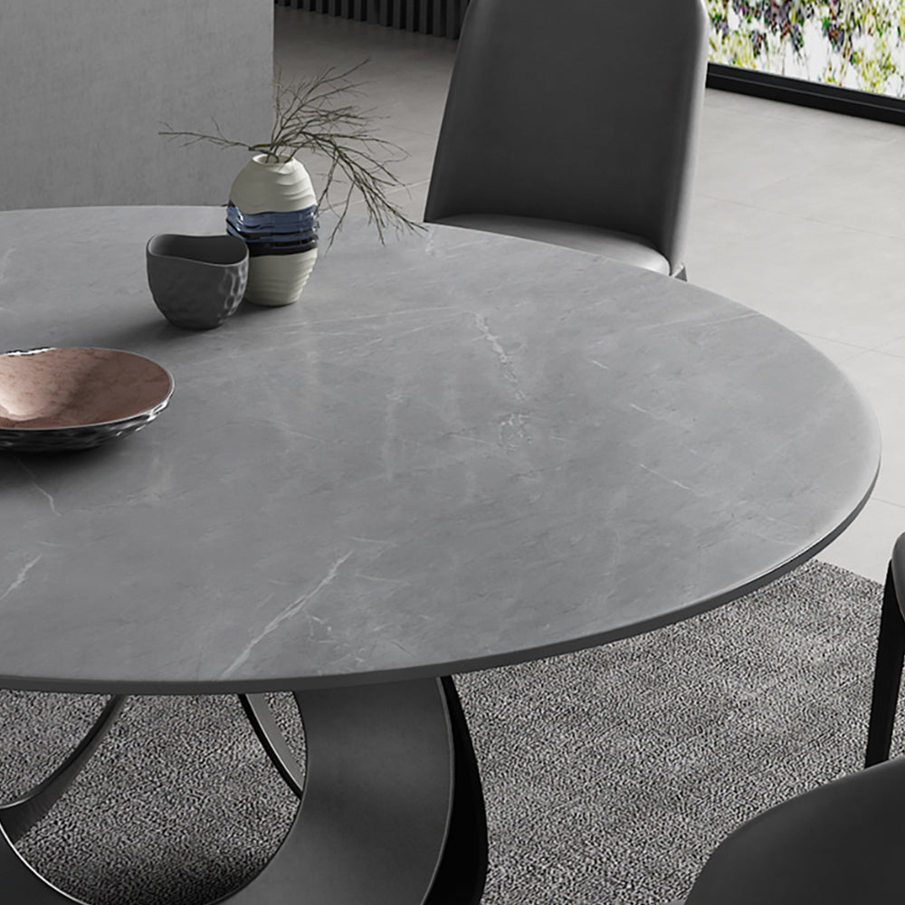 51.2"Round Black Dining Table with Stone Top & Carbon Steel Base
