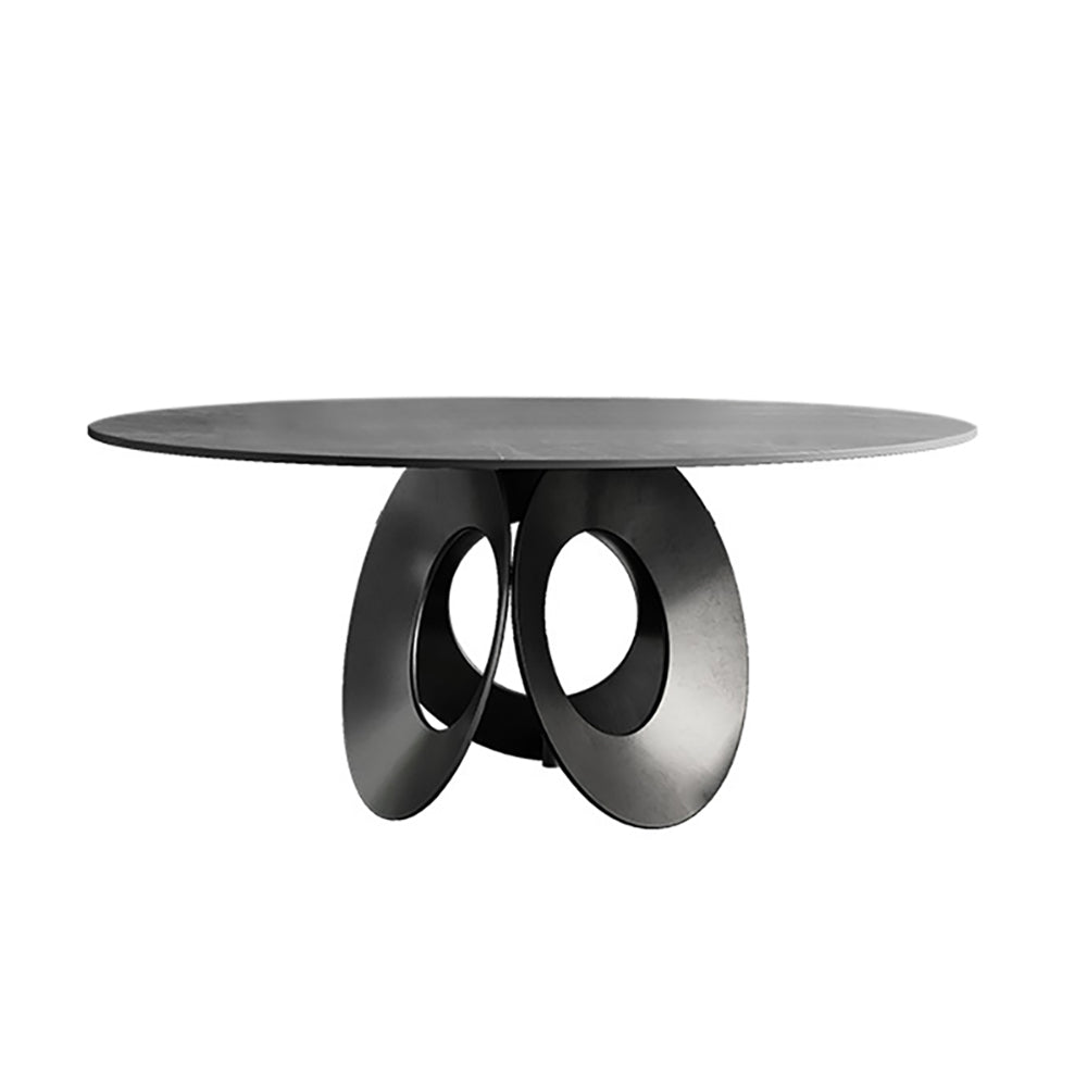51.2"Round Black Dining Table with Stone Top & Carbon Steel Base