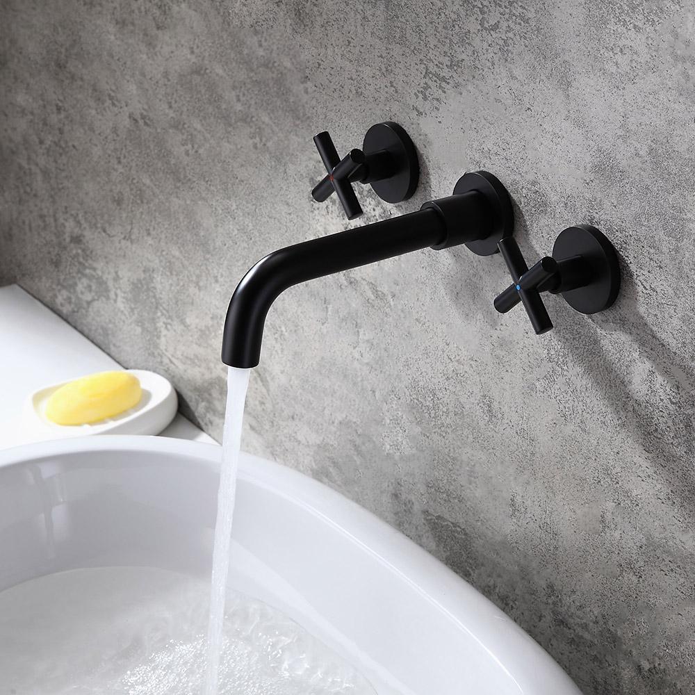 Melro Modern Wall Mounted Cross Handles Brass Bathroom Washing Sink Faucet in Matte Black