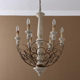 Retro White Scrollwork Distressed Wood 6-Light Candle-Style Chandelier