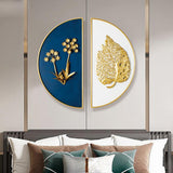 2 قطعة جدار جدار معدني ديكور الفن المنزلي بالذهب والأزرق مع تصميم شبه دائرة
