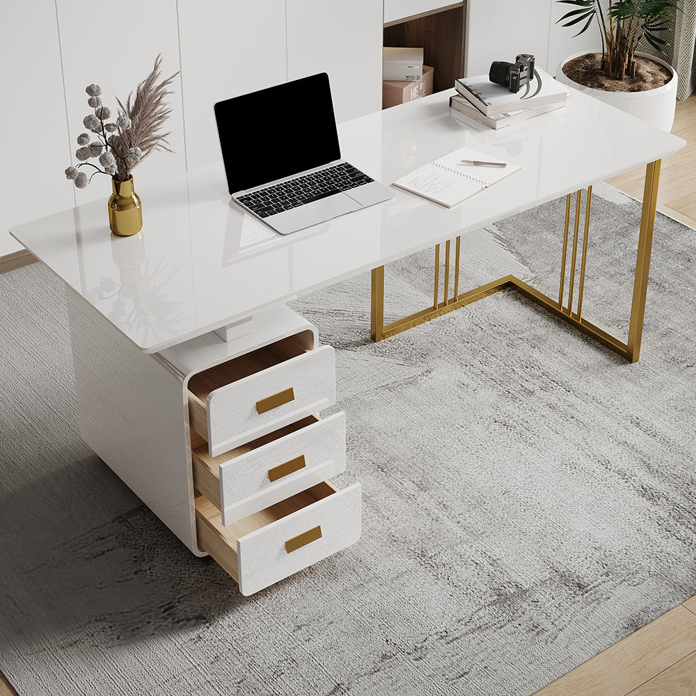 63 Modern Black Home Office Desk with Drawers & Side Cabinet in Gold Base