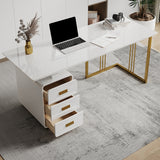 63" Modern White Executive Desk with Drawers & Side Cabinet in Gold Base