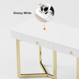 Weißer Schreibtisch mit 2 Schubladen, 55 Zoll, moderner Schreibtisch, goldener Dreifuß, Edelstahl
