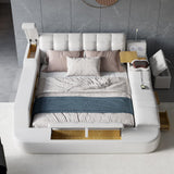 King White Smart Bed Faux Leather Bed with Charger, Massage & Speaker