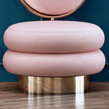 Taburete de tocador de terciopelo rosa con respaldo, silla redonda con detalles capitoné, oro rosa