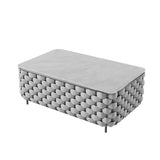 Juego de sofás de exterior de aluminio y cuerda de 4 piezas con mesa de centro de mármol de imitación y almohada de cojín