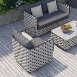 Juego de sofás de exterior de aluminio y cuerda de 4 piezas con mesa de centro de mármol de imitación y almohada de cojín