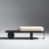 White & Black Wooden Entryway Bench Boucle Upholstered with Abstract Metal Legs