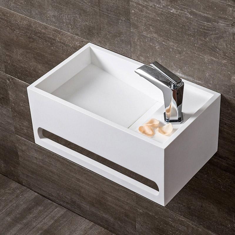 Stone Resin Solid Wall-Hung Bathroom Ramped Sink with Towel Bar in Glossy White