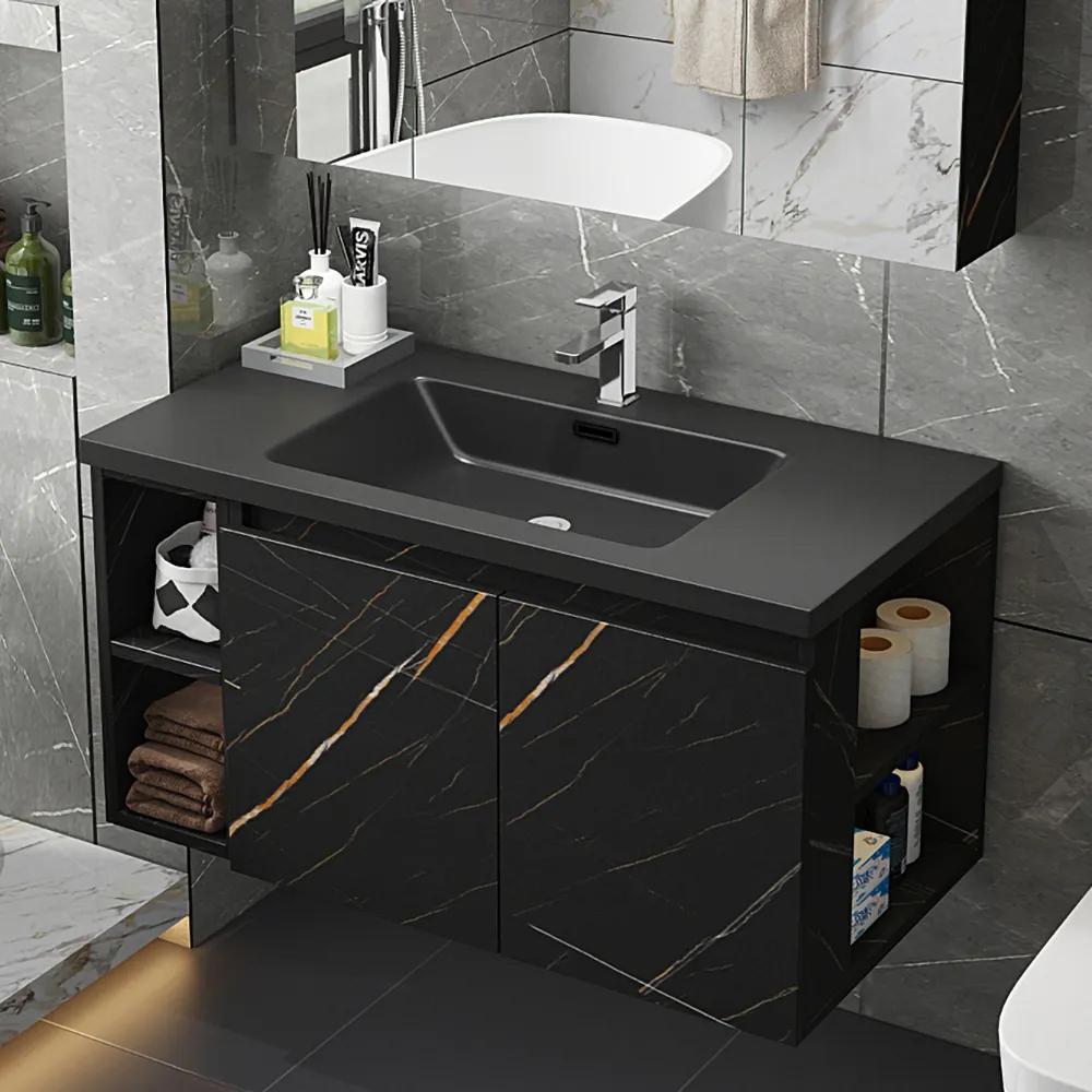 Bathroom Vanity Faux Slate Top Storage Cabinet w/Ceramic Basin