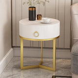 Modern Round Nightstand with 1 Drawer White Nightstand Bedside Table with Gold Frame