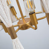 Modern Art Deco 6-flammiger Trommel-Kronleuchter, natürliches Seil, beige, handgewickelte Lampe