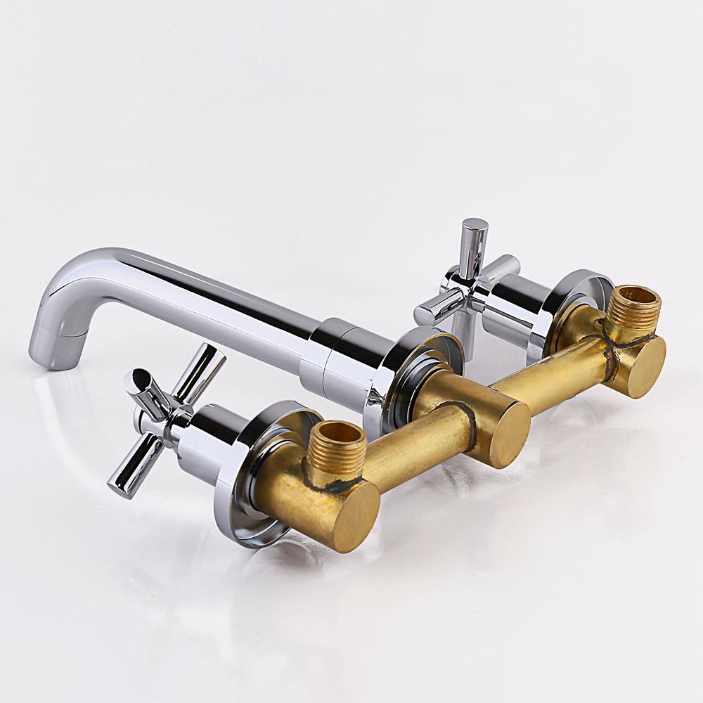 Wall Mount Double Cross Handle Bathroom Vanity Sink Faucet in Polished Chrome