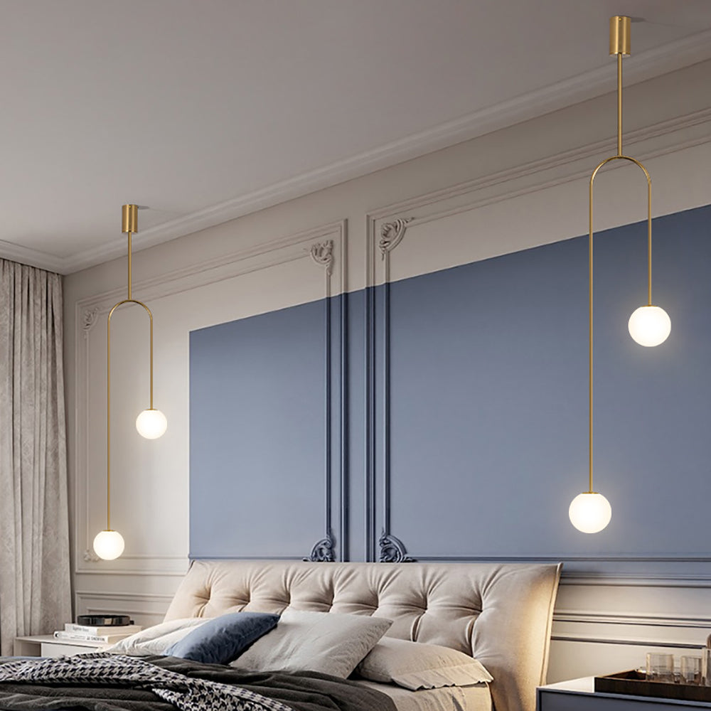 Modern Pendant Light Glass Globe 2-Light U-Shaped in Gold for Living Room and Bedroom