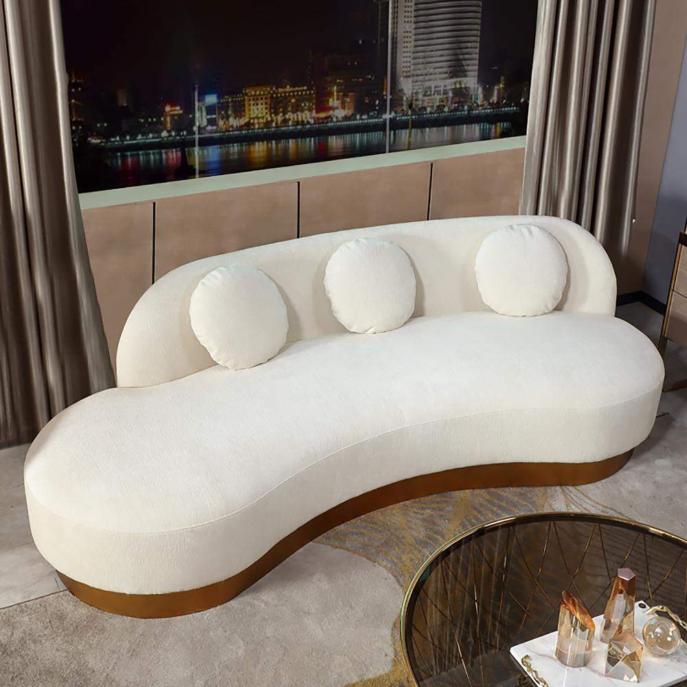 Modern White & Gold Velvet Curved Sofa for 3 Seaters with Pillows & Stainless Steel Base-Furniture,Living Room Furniture,Sofas &amp; Loveseats