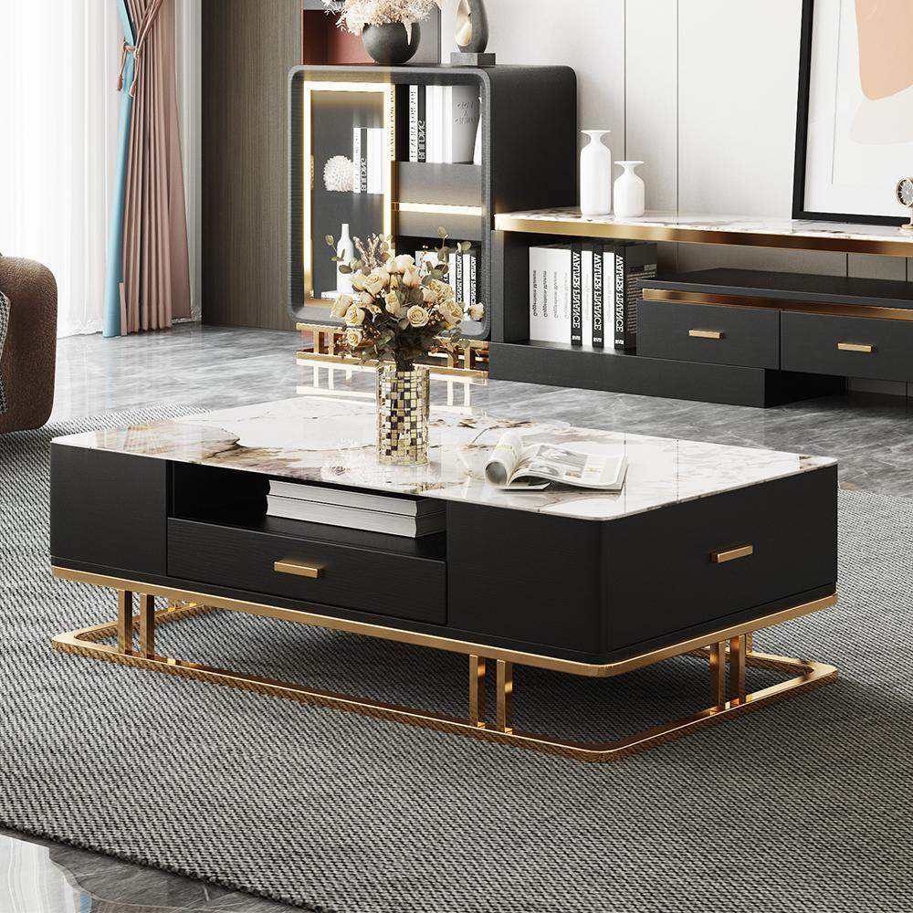 Contemporary Rectangle Stone Top Coffee Table with 4 Drawers in White & Black-Coffee Tables,Furniture,Living Room Furniture