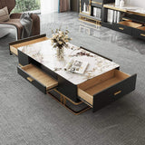 Contemporary Rectangle Stone Top Coffee Table with 4 Drawers in White & Black-Coffee Tables,Furniture,Living Room Furniture