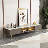 Rectangular Stone Top TV Console with Storage Glass Sliding Doors