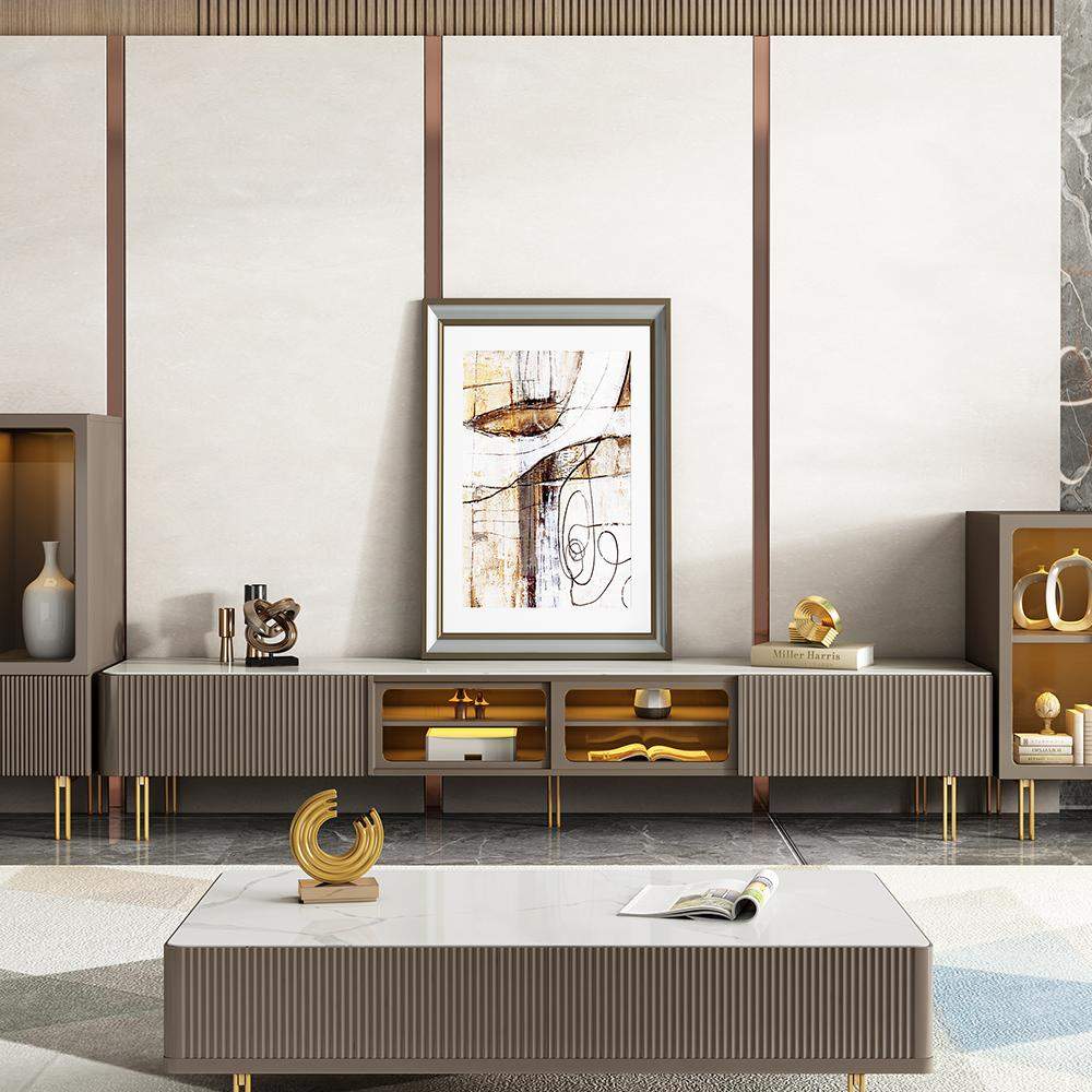 Rectangular Stone Top TV Console with Storage Glass Sliding Doors-Richsoul-Furniture,Living Room Furniture,TV Stands