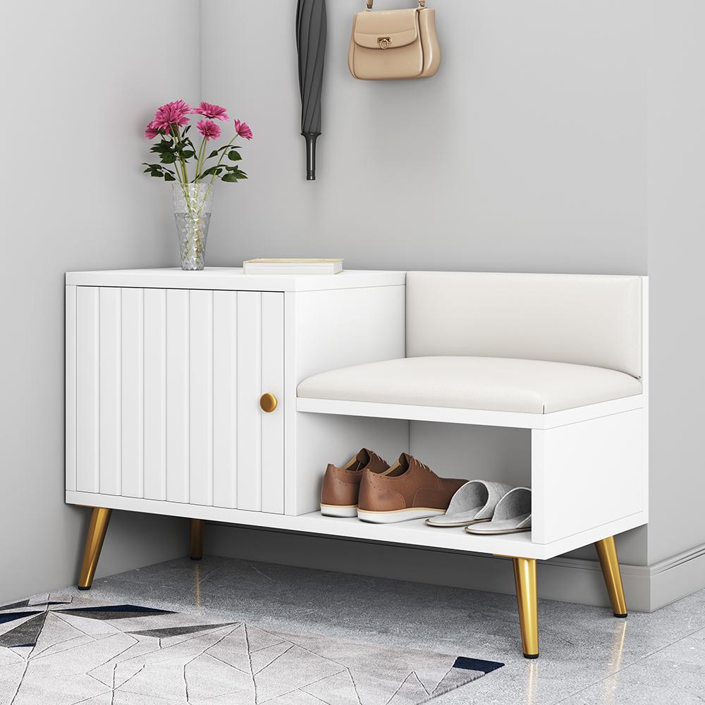 White Contemporary Upholstered Shoe Rack Bench with Storage